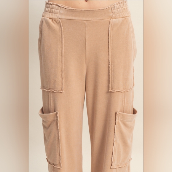 CloudDweller Mineral Washed Cotton Cozy Butter Soft Wide Leg Cargo DustyRosewood - Picture 2 of 4